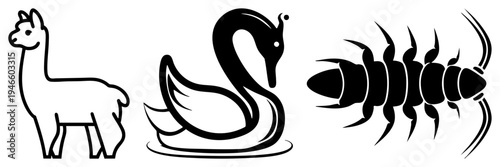 Three animal rendered as bold black alpaca, swan, scorpion in clean vector style, ideal for logos or graphic design. Also known as stylized fauna symbols or animal glyph.