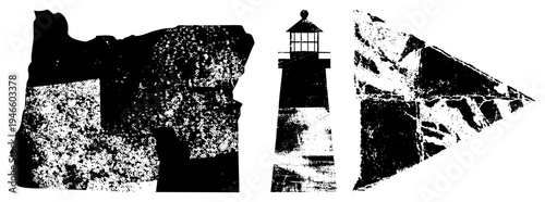 Vector halftone lighthouse silhouette, textured rocky coast, stylized coastal scene, black and white graphic, isolated shapes, artistic composition.