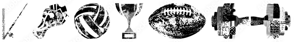 Obraz premium Vintage style sports gear symbols including hockey stick, goalie mask, volleyball, trophy, football, and dumbbell, rendered in gritty halftone texture.