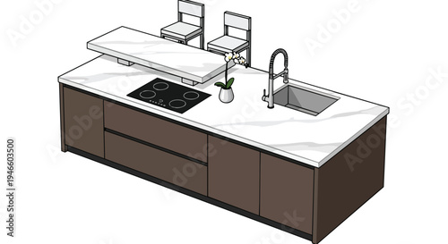 Modern kitchen island rendering featuring induction hob, integrated sink, and elevated bar seating