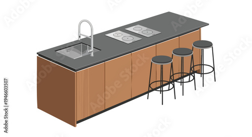 Contemporary kitchen island with sink, cooking surfaces, and integrated seating area