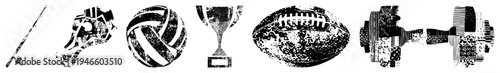 Vintage style sports gear symbols including hockey stick, goalie mask, volleyball, trophy, football, and dumbbell, rendered in gritty halftone texture.