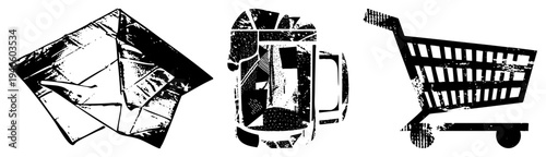 Graphic featuring envelope, beer mug, and shopping cart with distressed texture, vector art,, digital illustration, commerce symbols, mail, beverage.