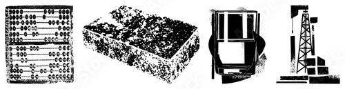 Four vector traditional counting tool, rough brick texture, stylized car silhouette, oil rig structure. Isolated, halftone, geometric shapes,, technical illustrations.