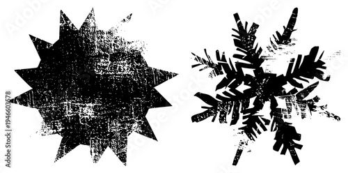 Distressed black starburst and snowflake shapes with gritty texture, vector art, halftone grain, graphic design elements, isolated foreground, bold silhouette, stencil effect.