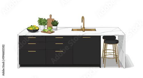 Contemporary kitchen island design featuring elegant gold fixtures, fresh fruit, and potted herbs a stylish culinary space rendering for modern