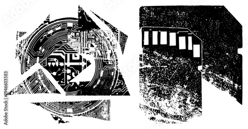 Digital circuit and memory card shapes rendered in stark black and white halftone, vector graphic with glitch art textures, tech, digital age motifs.