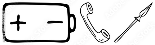 Battery, telephone receiver, and spear illustrated as isolated symbols, representing energy, communication, and ancient weaponry. Minimalist art, conceptual design.