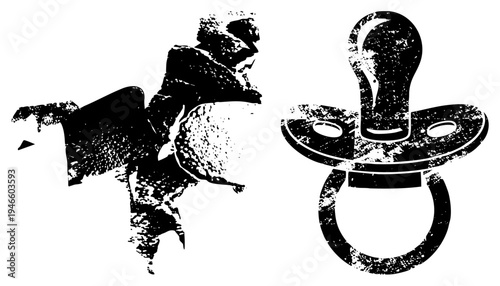 Black and white graphic of dad cradling infant, pacifier symbol, parental care, minimalist parenting illustration, distressed halftone texture.