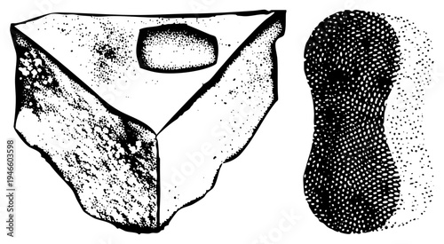 Prehistoric stone tools or ceremonial fragments, textured halftone shading, archaeological relics, primitive craftsmanship, historical relics, ancient relics.