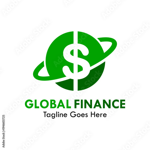 A professional green globe logo featuring a dollar sign and an orbital ring, perfect for global finance, international banking, digital investment, and economic growth branding.