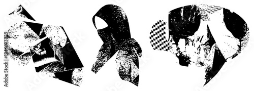 Fragmented black and white vector shapes with halftone grain, geometric fragmentation, stylized forms, isolated graphic elements, modern art composition.
