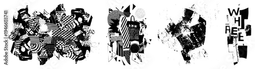 Fragmented graphic composition with halftone textures, checkered, and bold typography, vector art, design, modern abstract illustration.