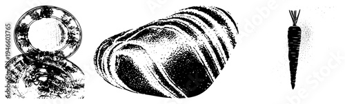 Decorative plate with ornate rim, sliced loaf with crusty texture, single carrot with leafy top, all rendered in halftone dot, food illustration, vector art.