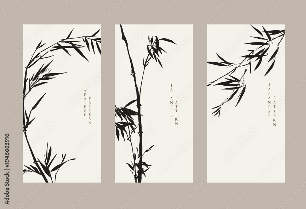 Fototapeta premium set of vector illustration of bamboo leaves branch card design with Chinese painting in traditional style.