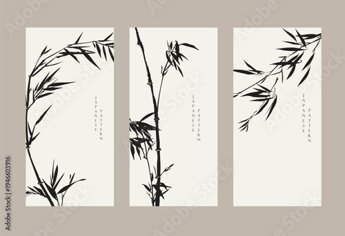 set of vector illustration of bamboo leaves branch card design with Chinese painting in traditional style.