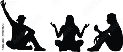 three, friends, sitting, silhouettes, casual, conversation, meditation, pose, social, interaction, youth, lifestyle, communication, discussion, relaxed, group, people, talking, modern, friendship