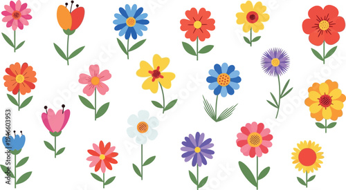 Colorful cartoon flowers on green stems