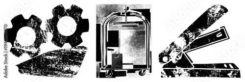 Mechanical gears, utility cart, office stapler rendered in gritty halftone style, isolated vector with distressed texture, mechanical and office tools.