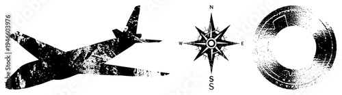 Distressed black silhouettes of airplane, compass rose, and gear ring, grungy texture, vector graphic, isolated elements, navigation and aviation themes.