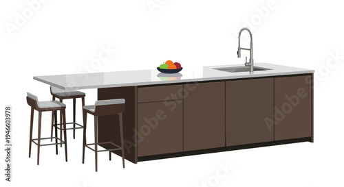 Contemporary kitchen island with sleek design, integrated sink, and modern bar stools