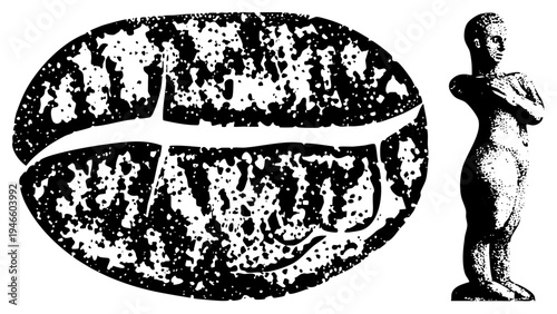 Halftone coffee bean graphic with speckled texture, paired with stylized Egyptian statue cutout, vector design, artistic fusion of food and antiquity.