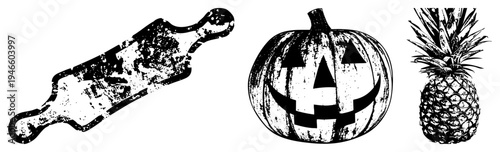 Vintage black & white flour dusted rolling pin, carved pumpkin grin, spiky. Halloween kitchen decor, rustic baking tools.