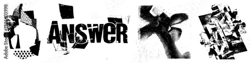 Bold fragmented text spelling "ANSWER," composed of torn paper textures and halftone, abstract graphic design, typographic art, modernist collage.