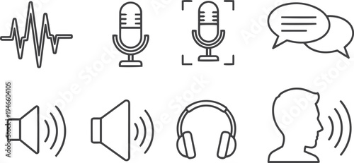 Voice web icons in line style. Sound wave, voice recognition, message, audio, speech, collection. Editable stroke. Vector illustration