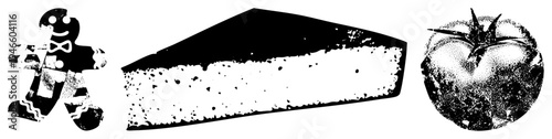 Holiday gingerbread cookie with icing, creamy cheesecake slice, ripe tomato with stem, all in black and white halftone. Sweet treats and fresh produce stylized as graphic.
