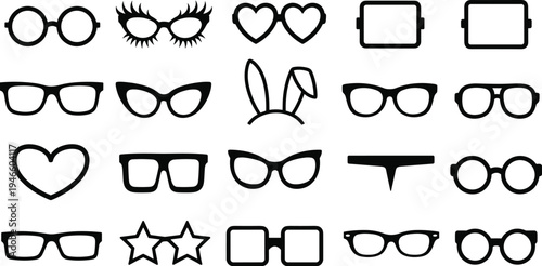 Funny glasses icon set, novelty eyewear collection, party disguise accessories, cartoon glasses shapes, vector costume elements isolated design pack
