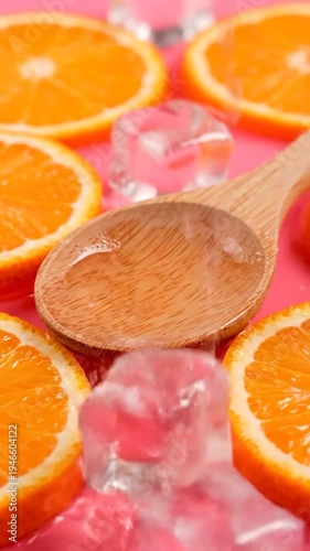 Refreshing citrus slices with melting ice cubes on a pink surface