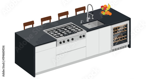 Contemporary kitchen island with dark countertop, built-in gas range, modern sink, wine cooler, and bar stools, ideal for a stylish and functional