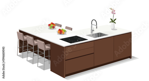 Modern Kitchen Island Design with Integrated Appliances and Bar Seating Area Illustration