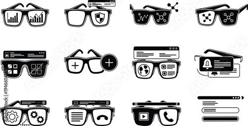Futuristic smart glasses icon set, augmented reality interface elements, VR eyewear dashboard symbols, wearable technology UI, mixed reality goggles collection
