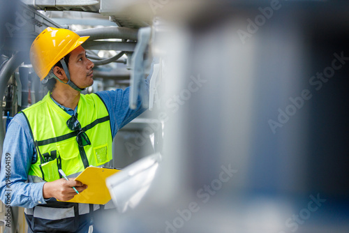 HVAC engineer inspecting industrial pipeline and ventilation system in mechanical room. Technician wearing safety helmet checking equipment with clipboard for maintenance, engineering inspection.