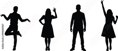 Group of people silhouettes showing different gestures standing and dancing poses, isolated men and women figures communication concept illustration