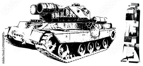 Military armored vehicle with dual cannons, tracked chassis, battle worn surface, tactical warfare machine, combat tank, armored warfare unit.