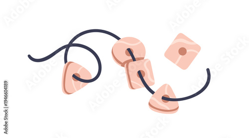 Lacing bead, threading toy. String with wooden geometric shapes and holes for kids motor skills development, Montessori game playing. Flat vector illustration isolated on white background
