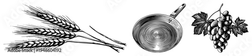 Wheat stalks for bread, frying pan for cooking, grape bunch for wine, vintage engraved illustrations, rustic kitchen elements, culinary symbols.