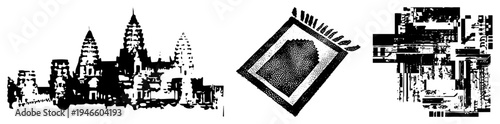 Khmer temple silhouette rendered in bold black strokes, halftone textured rug, abstract fragmented cityscape all vector cutouts for design use.