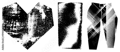 Geometric halftone forming stylized forms, vector graphic with gritty texture, design, abstract composition, digital art.