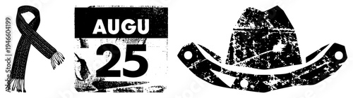 Mourning ribbon symbol, August 25th date marker, cowboy hat, distressed graphic elements, vector art, memorial design, rustic style.