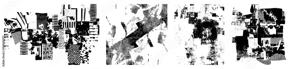 Fototapeta premium Fragmented urban architecture rendered in halftone, abstract city blocks, graphic design elements, vector art composition, black and white urban collage.