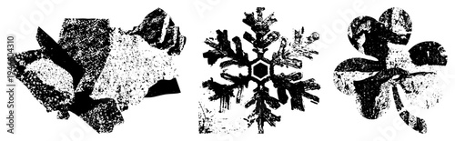 Three stylized abstract forms with halftone grain, vector geometry, black and white contrast, isolated graphic elements, modern art motif.