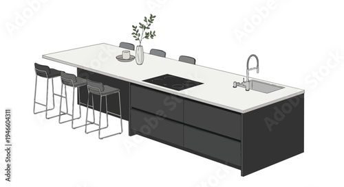 Contemporary kitchen island with integrated cooktop and sink, featuring sleek design and bar seating for modern living spaces