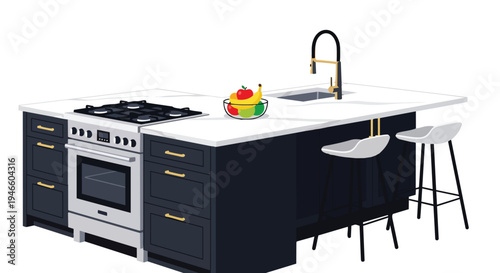 Modern kitchen island with integrated appliances and seating, offering a functional and stylish culinary hub