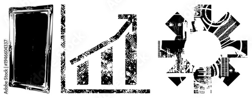 Stylized vector featuring framed rectangle, ascending bar chart, and gear like shape, rendered in high contrast halftone texture, minimalist design, graphic elements.