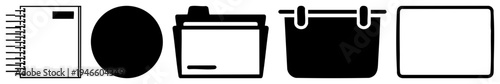 Simple black including spiral notebook, solid circle, file folder, bucket with handles, and rectangle frame, ideal for UI design, digital interfaces, or graphic projects.