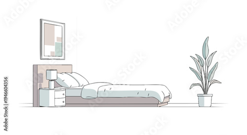 Minimalist bedroom interior design with cozy bed and decorative plant illustration
